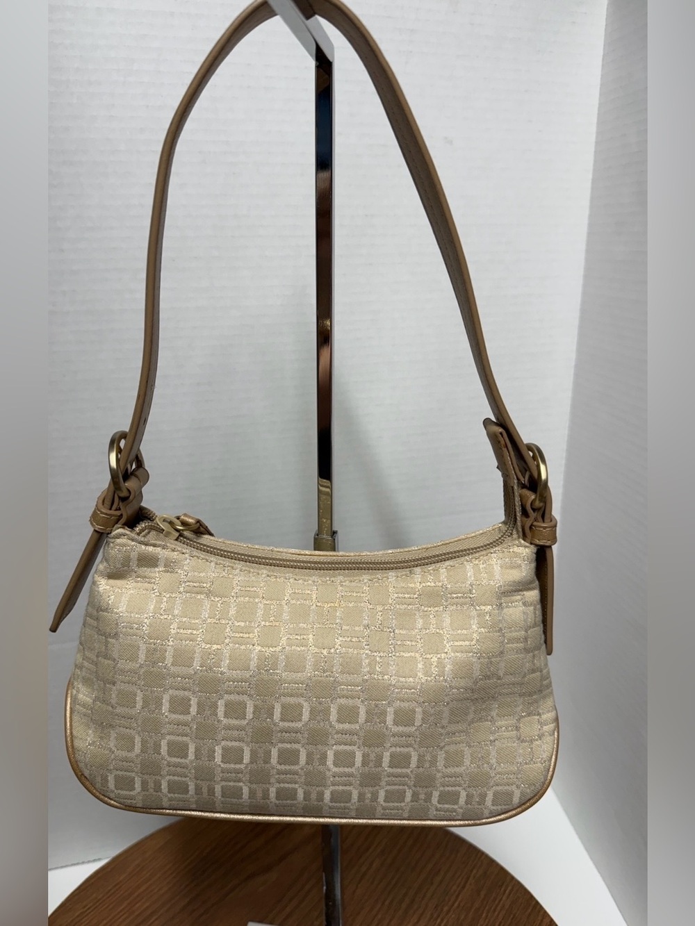 Nine West Y2K Vintage Gold Tan Geometric Jacquard Satin Lined Baguette Handbag